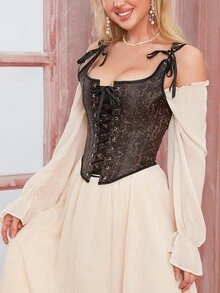 Vintage Floral Jacquard Grommet Eyelet Lace Up Front Boned Overbust Corset Top - Coffee Brown - View 3