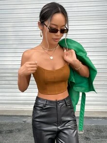 SHEIN Privé 素色短款抹胸上衣 - 棕色 - 查看 5