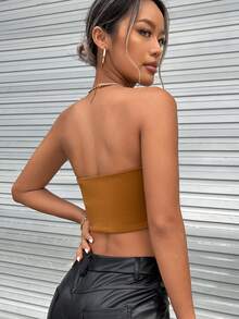 SHEIN Privé 素色短款抹胸上衣 - 棕色 - 查看 2