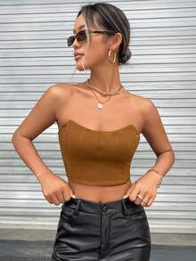 SHEIN Privé 素色短款抹胸上衣 - 棕色 - 查看 3