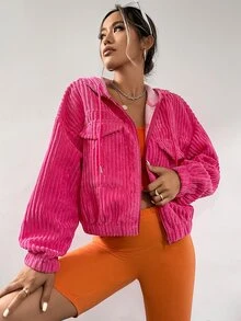 SHEIN Unity 拉鏈開襟翻蓋口袋抽繩連帽夾克 - 玫紅色 - 查看 3