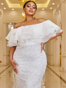 YISIKADO Plus Off Shoulder Layered Trim Sequin Formal Dress - White - View 3