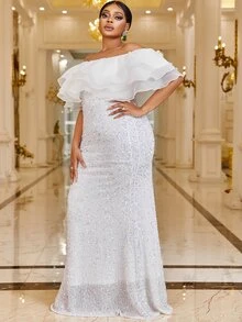 YISIKADO Plus Off Shoulder Layered Trim Sequin Formal Dress - White - View 6