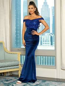 Missord Off Shoulder Ruched Mermaid Hem Sequin Formal Dress - Blue - View 3