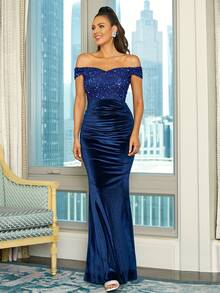 Missord Off Shoulder Ruched Mermaid Hem Sequin Formal Dress - Blue - View 5