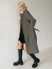 DAZY Raglan Sleeve Slit Back Double Breasted Trench Coat, Fall Clothes Women Jacket - Grey - View 3