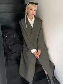 DAZY Raglan Sleeve Slit Back Double Breasted Trench Coat, Fall Clothes Women Jacket - Grey - View 4