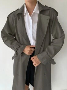 DAZY Raglan Sleeve Slit Back Double Breasted Trench Coat, Fall Clothes Women Jacket - Grey - View 5