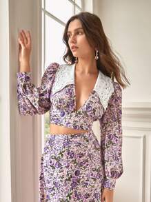 SHEIN Frenchy Floral Print Eyelet Embroidery Collar Crop Blouse - Multicolor - View 6