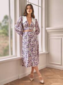 SHEIN Frenchy Floral Print Eyelet Embroidery Collar Crop Blouse - Multicolor - View 8