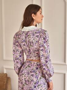 SHEIN Frenchy Floral Print Eyelet Embroidery Collar Crop Blouse - Multicolor - View 9