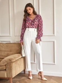 SHEIN Frenchy Buttoned Front Seam Front Trousers - White - View 1