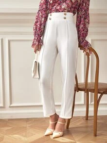 SHEIN Frenchy Buttoned Front Seam Front Trousers - White - View 2