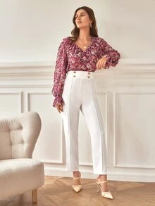SHEIN Frenchy Buttoned Front Seam Front Trousers - White - View 3