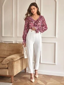 SHEIN Frenchy Buttoned Front Seam Front Trousers - White - View 5