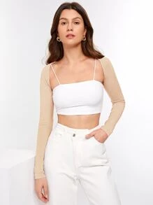 SHEIN BASICS 素色短款短上衣聳肩上衣無女用短袖襯衣 - 杏色 - 查看 1