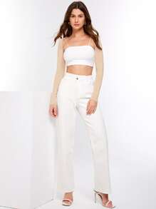 SHEIN BASICS 素色短款短上衣聳肩上衣無女用短袖襯衣 - 杏色 - 查看 3