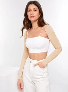 SHEIN BASICS 素色短款短上衣聳肩上衣無女用短袖襯衣 - 杏色 - 查看 4