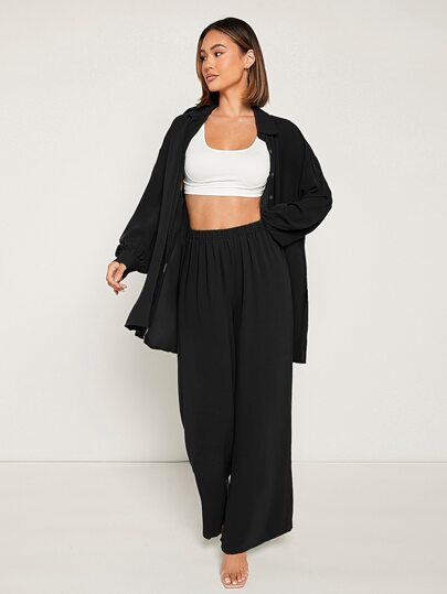 SHEIN Frenchy Camisa de hombros caídos unicolor & Pantalones de pierna ancha