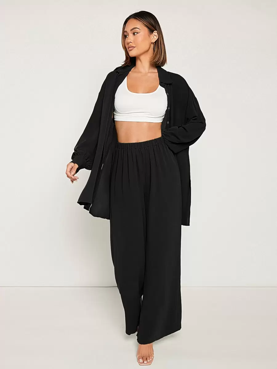 SHEIN Frenchy Drop Shoulder Solid Shirt & Wide Leg Trousers