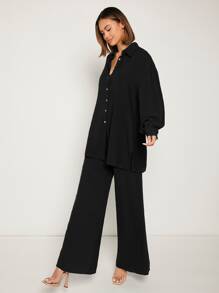 SHEIN Frenchy Drop Shoulder Solid Shirt & Wide Leg Trousers - Black - View 4