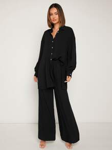 SHEIN Frenchy Drop Shoulder Solid Shirt & Wide Leg Trousers - Black - View 5