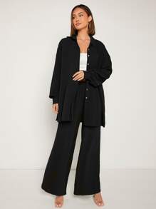 SHEIN Frenchy Drop Shoulder Solid Shirt & Wide Leg Trousers - Black - View 6