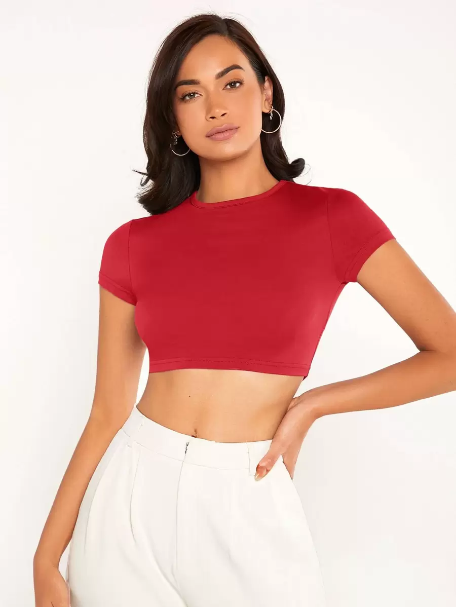 SHEIN BASICS Áo thun nữ màu trơn Giải trí - Đỏ - Xem 1