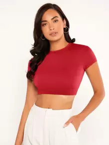 SHEIN BASICS Áo thun nữ màu trơn Giải trí - Đỏ - Xem 3