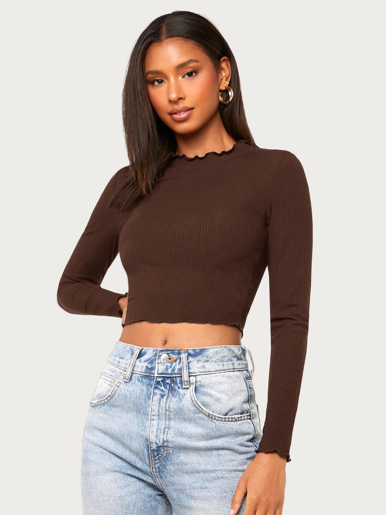 SHEIN Essnce Top corto tejido de canalé ribete en forma de lechuga - Café integral - Ver 1