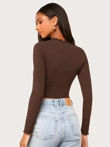 SHEIN Essnce Top corto tejido de canalé ribete en forma de lechuga - Café integral - Ver 2