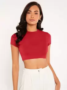 SHEIN BASICS Áo thun nữ màu trơn Giải trí - Đỏ - Xem 4