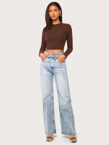 SHEIN Essnce Top corto tejido de canalé ribete en forma de lechuga - Café integral - Ver 3