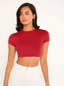 SHEIN BASICS Áo thun nữ màu trơn Giải trí - Đỏ - Xem 6