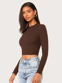 SHEIN Essnce Top corto tejido de canalé ribete en forma de lechuga - Café integral - Ver 5
