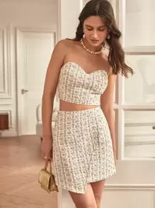 SHEIN Frenchy Plaid Tube Top & Asymmetrical Hem Tweed Skirt Elegant - Apricot - View 1