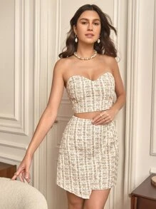 SHEIN Frenchy Plaid Tube Top & Asymmetrical Hem Tweed Skirt Elegant - Apricot - View 6
