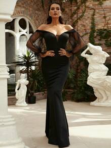 Missord Off Shoulder Sheer Flounce Sleeve Prom Dress - Black - View 1
