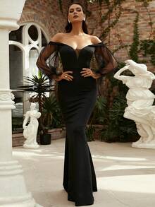 Missord Off Shoulder Sheer Flounce Sleeve Prom Dress - Black - View 5