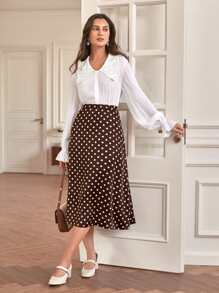 SHEIN Frenchy 網眼刺繡細節誇大領口荷葉袖襯衫