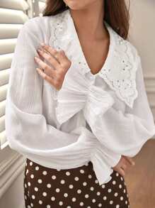 SHEIN Frenchy 網眼刺繡細節誇大領口荷葉袖襯衫