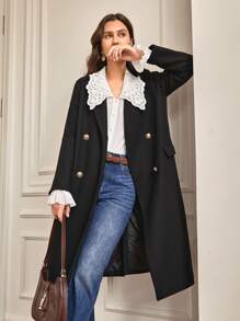 SHEIN Frenchy 網眼刺繡細節誇大領口荷葉袖襯衫