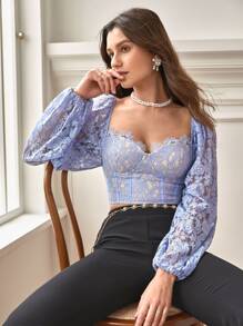 SHEIN Frenchy 雞心領口燈籠袖蕾絲襯衫