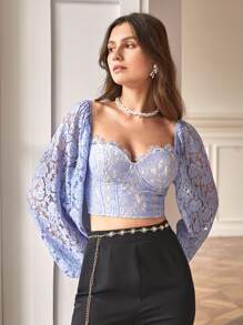 SHEIN Frenchy 雞心領口燈籠袖蕾絲襯衫