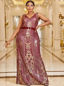 Giffniseti Plus Graphic Print Contrast Belted Sequin Dress - Multicolor - View 1