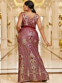 Giffniseti Plus Graphic Print Contrast Belted Sequin Dress - Multicolor - View 2