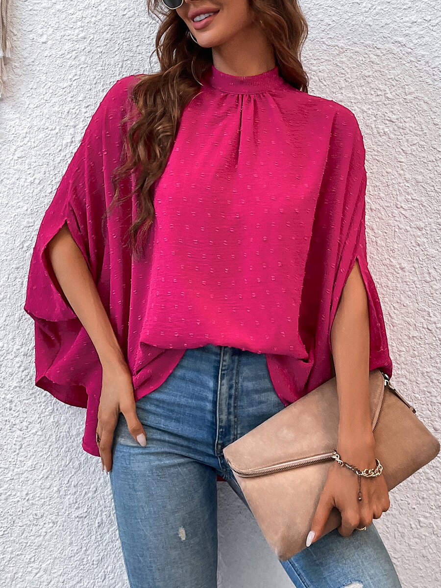 SHEIN LUNE Swiss Dot Tie Back Batwing Sleeve Blouse - Hot Pink - View 1