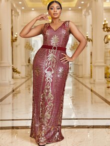 Giffniseti Plus Graphic Print Contrast Belted Sequin Dress - Multicolor - View 3