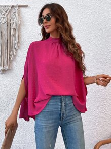SHEIN LUNE Swiss Dot Tie Back Batwing Sleeve Blouse - Hot Pink - View 3
