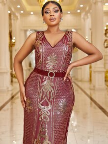 Giffniseti Plus Graphic Print Contrast Belted Sequin Dress - Multicolor - View 5